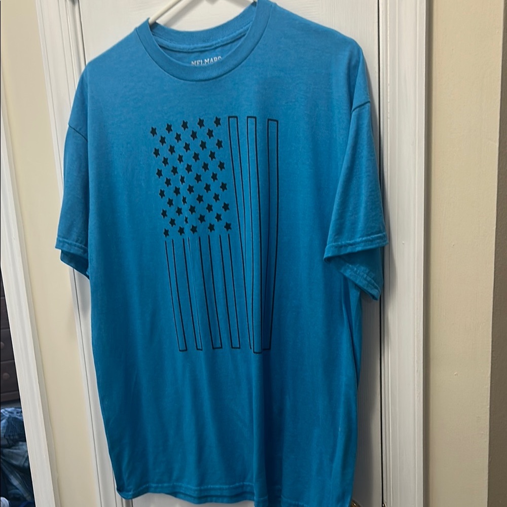 Blue Short Sleeve Tee with Minimalist Flag Design